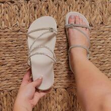 Women's Flat Sandal Papete With Shiny Rhinestones Comfortable - White - View 1