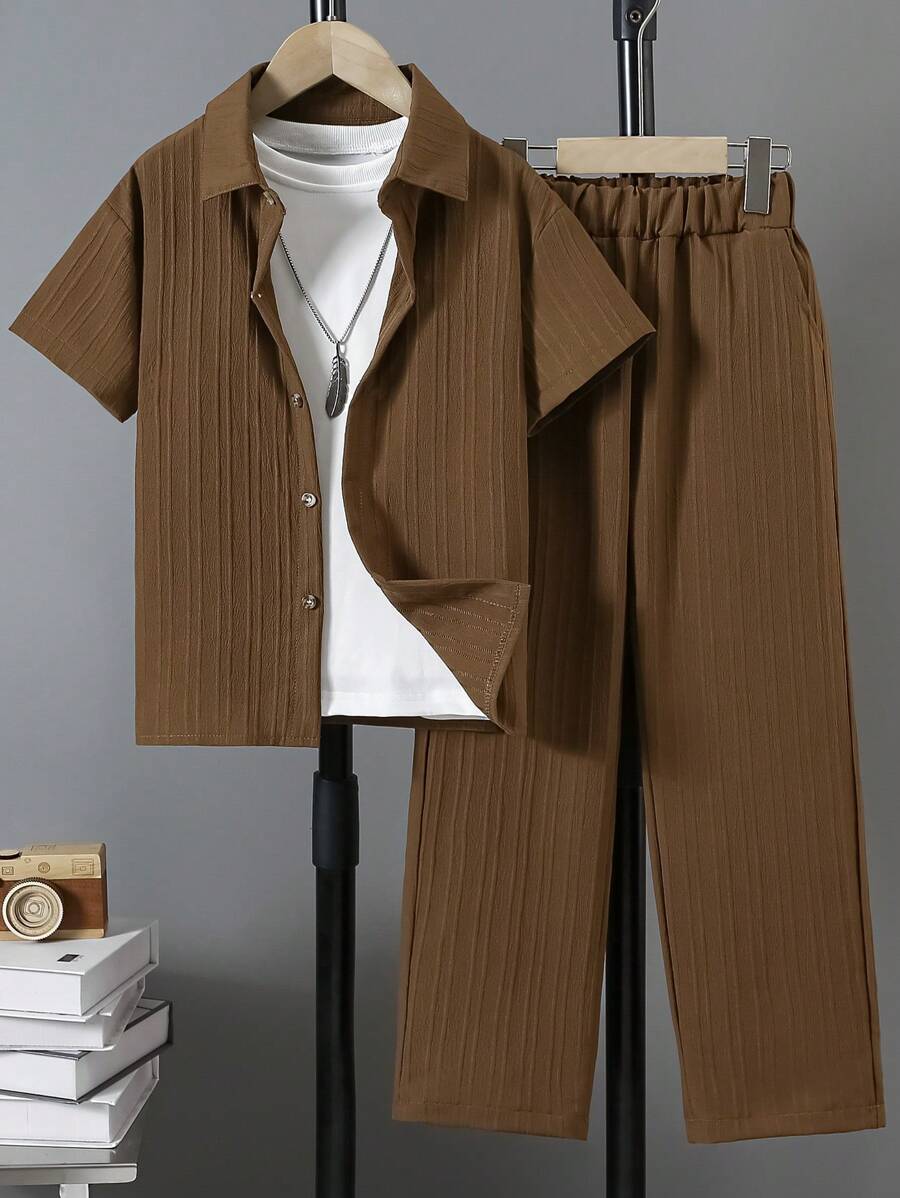 2 件套青少年男孩休闲学院风户外时尚纯色纹理短袖衬衫和直筒纹理长裤