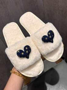 女士休闲毛绒毛绒拖鞋，室内时尚牛仔心形设计平底软拖鞋，百搭露趾防滑毛绒鞋 - 白色 - 查看 3