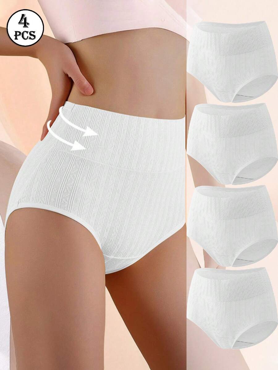 HANQIYA 4pcs Women Underwear, Skin-Friendly, Elegant Solid Color With Striped Design, Extended Gusset