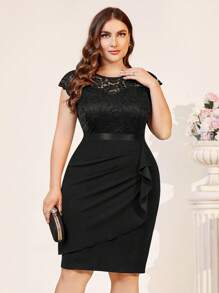Plus Elegant Floral Lace Ruffle Trim Wrap Hem Evening Party Bodycon Dress, Wedding Guest Dress - Black - View 9