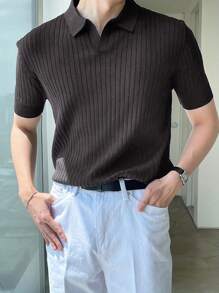 男士短袖针织 Polo 衫翻领竖条纹设计舒适柔软面料休闲日常穿着夏季时尚男装百搭时尚 Polo 衫 - 深灰色 - 查看 6