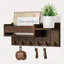 1pc Countryside Style Wooden Round Log Wall Hanging Decor With Book Shelf, Hook For Keys, Mail Rack, Easy To Install Wall Mount - Multicolor - View 5