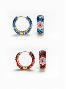 1 对时尚优雅复古花卉油滴环耳环