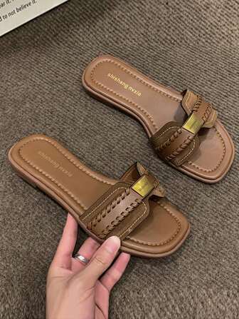 韩式女士休闲平底拖鞋，夏季露趾编织罗马凉鞋，时尚法式女士一脚蹬凉鞋，适合礼服、沙滩、度假