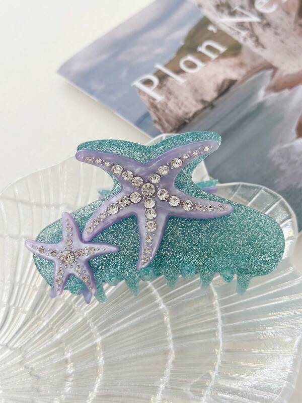 Blue Crystal Starfish Claw Clips,Cute Starfish Hair Clips,Animal Shape Hair Jaw Clips,Acetate Hair Clips For Girls,Small Claw Clips For Women,Rhinestone Hair Jaw Barrettes Accessories