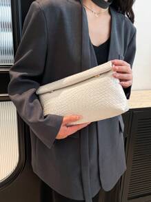 Fashionable Solid Color Handbag, PU Material Large Capacity Flap Magnetic Closure Square Bag, Crocodile Pattern Women's Purse, Multipurpose Party Evening Bag, Suitable For Women Travel And Shopping - White - View 9