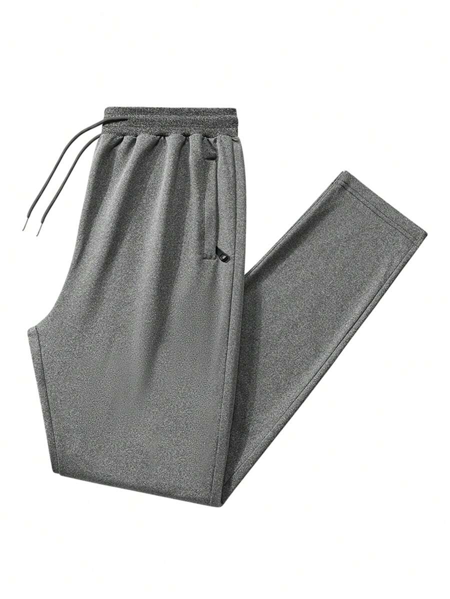 Straight Leg Casual Sweatpants, Spring/Summer Plain Color Minimal Design Zip Pockets Ankle Length Pants For Men - Grey - View 1
