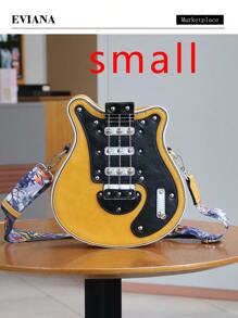 Creative Y2k Style Vintage Guitar Shaped Bag For Girls, Bass Guitar Unique Design Shoulder Bag, Crossbody Bag, Chain & Rivet Decoration, Color Block Wide Strap Unisex Bag, Street Fashion - Yellow - View 6