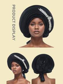 1pc Women's Headscarf, Handmade African Style Shiny Silk Layered Solid Color Rhinestone Heavy Industry Pullover Hat, Fashionable And Comfortable Headscarf Hat