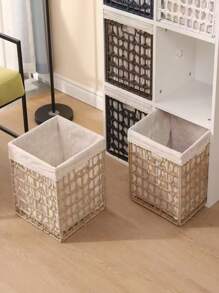 1pc Woven Storage Basket Foldable Bin Closet Organizer For Bedroom Bathroom Kitchen Living Room Decorative Container Handmade Rattan Wicker Basket Home Organization Solution Portable Foldable Design Space Saving Storage - Black - View 3