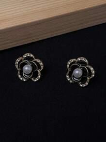 Simplistic Camellia Flower Micro-Inlay Earrings Set, Alloy Fashion Stud Earrings & Dangle Earrings Jewelry Set For Women