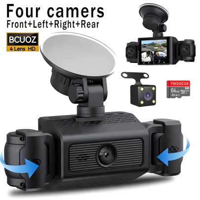 4 Channel 1080P Dash Cam With Night Vision, Adjustable Lens, Loop Recording, 24-Hour Parking Monitor, Car Plug Power Supply, 5V Operating Voltage, Non-Waterproof, Rechargeable Battery, Includes 64GB Card Option