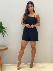 Elegant Women's Jumpsuit With Ruffle And Sensory Padding - Black - View 2