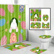 1/4pcs Colorful Rabbit, Egg, Happy Letter, Floral Print On Green Background, Easter Elements Waterproof Shower Curtain Set With 12 Hooks, Waterproof Polyester Fabric, Machine Washable, Rustproof Grommets Top, Unlined Woven Shower Curtain, Suitable For Bathroom Decor, Home Decor Bathroom Accessories