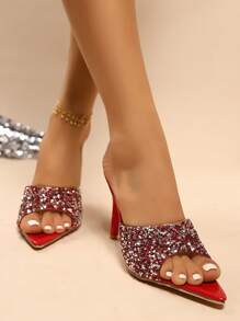 女士性感水钻高跟凉鞋，尖头超高跟凉鞋 2025 年新款，Bling Bling 酒红色舒适凉鞋 - 酒紅色 - 查看 2