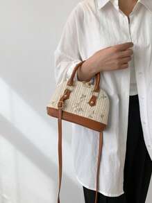 复古贝壳草编手提包，优雅网眼女士单肩包，主要材质 PU，配件草编和网眼