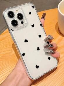 1个可爱黑色爱心图案透明全包防震手机壳，兼容 11/12/13/14/15/16/17 Pro Max - 彩色 - 查看 4