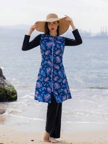 Set de 2 piezas Tankini de traje de baño con cobertura completa, de manga larga y pantalón largo, adecuado para la playa en verano