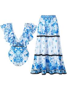 2pcs Set Women Vacation Casual Elegant Swimsuit Wrap-Around Style With Vintage Placement Print & Skirt Attached - Blue - View 2