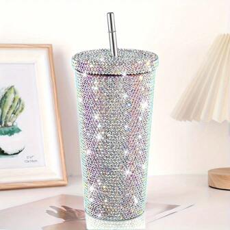 1 pieza Taza de agua aislada de acero inoxidable con incrustaciones de rhinestone - Taza de viaje portátil a prueba de fugas con tapa, taza de agua con pajita y fondo plano, apta para deportes al aire libre y fitness, hogar, cocina, oficina