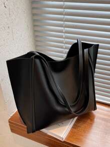 Large Capacity Fashionable Tote Bag, Solid Color Simple And Stylish - Black - View 4