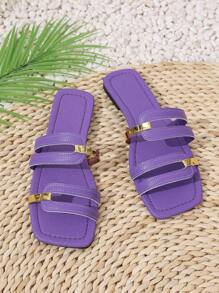 Women's Summer New Slip-On Square Toe Flat Anti-Slip Wear-Resistant Gold Stripe Hollow Open Toe Purple Slippers, Match With Dresses, Leggings, Casual Pants, Shorts, Mini Skirts, Slip-On Sandals For Women, Spring, Summer, Autumn, Valentine's Day, Mother's Day, Holiday Party, Fashion Casual, Elegant, Minimalist, Romantic, Cute, Vacation, Travel, Daily Match, Beach Shoes, Women's Fashion Flat Purple Sandals