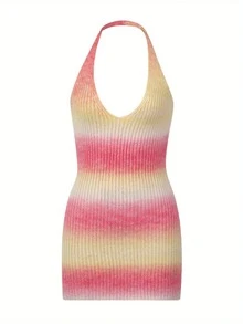 Womens Sexy Halter Knitted Skinny Dress Fashion Gradient Color Backless Short Dress - Rosa - Ver 1