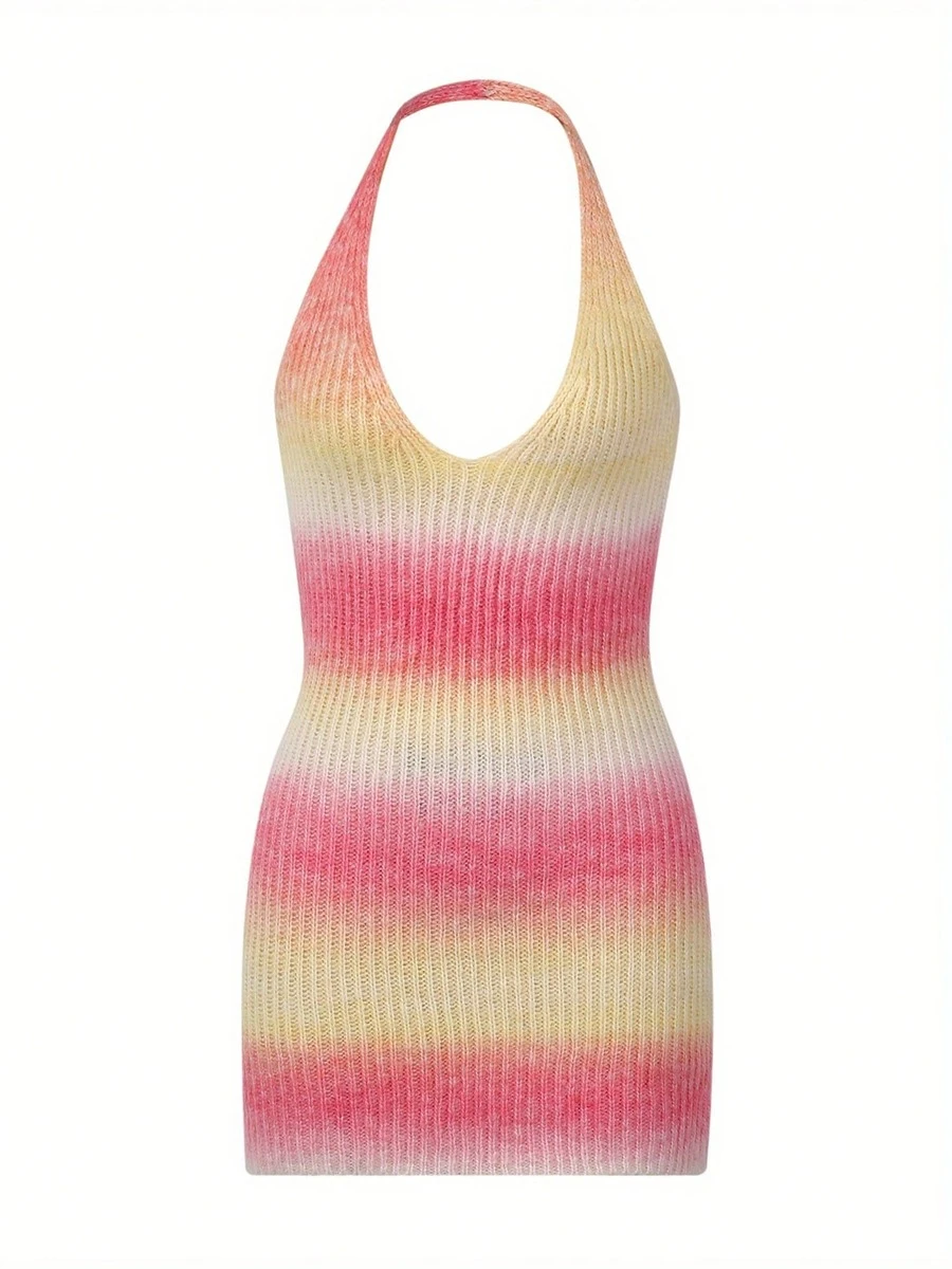 Womens Sexy Halter Knitted Skinny Dress Fashion Gradient Color Backless Short Dress - Rosa - Ver 1