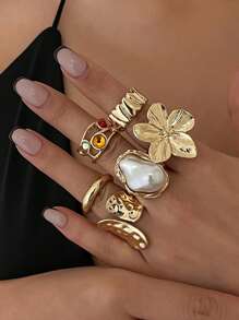 6pcs/Set Baroque Inspired Faux Pearl Flower Ring Set, Vintage Retro Bold Adjustable Cocktail Rings For Women