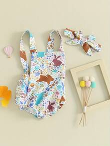 Mono de Pascua para bebés, niños y niñas, sin mangas, con estampado floral de conejito y diadema, conjunto de primavera para recién nacidos, estilo pastoral - Blanco - Ver 3