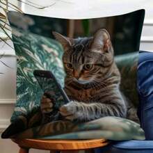 1 pièce Taie d'oreiller avec motif de chat gros tenant un téléphone. Housse de coussin en polyester pour la décoration de la chambre, du salon et du canapé. Accessoires complémentaires collection