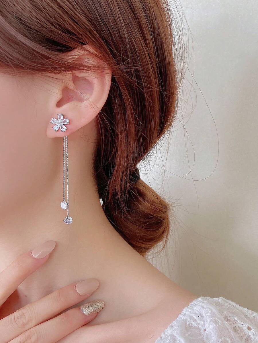Nooxian 2 件简约高端水滴花卉方晶锆石镶嵌流苏吊坠耳环，独特设计女士珠宝
