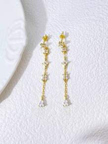 Newsoul 1 Pair Of Sparking Real 925 Sterling Silver Chain Tassel Petal Inlaid Cubic Zirconia Drop Earrings For Women Anniversary Gift Original Designed Glamorous Fine Jewelry Holiday - Yellow Gold - View 2