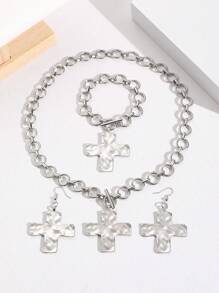 3pcs Set Retro Simple Exaggerated Metal Cross Earrings, Chunky Chain Bracelet, Necklace With Cross Pendant Geometric Circle Hammer Pattern Jewelry Set, Suitable For Women Daily Wear
