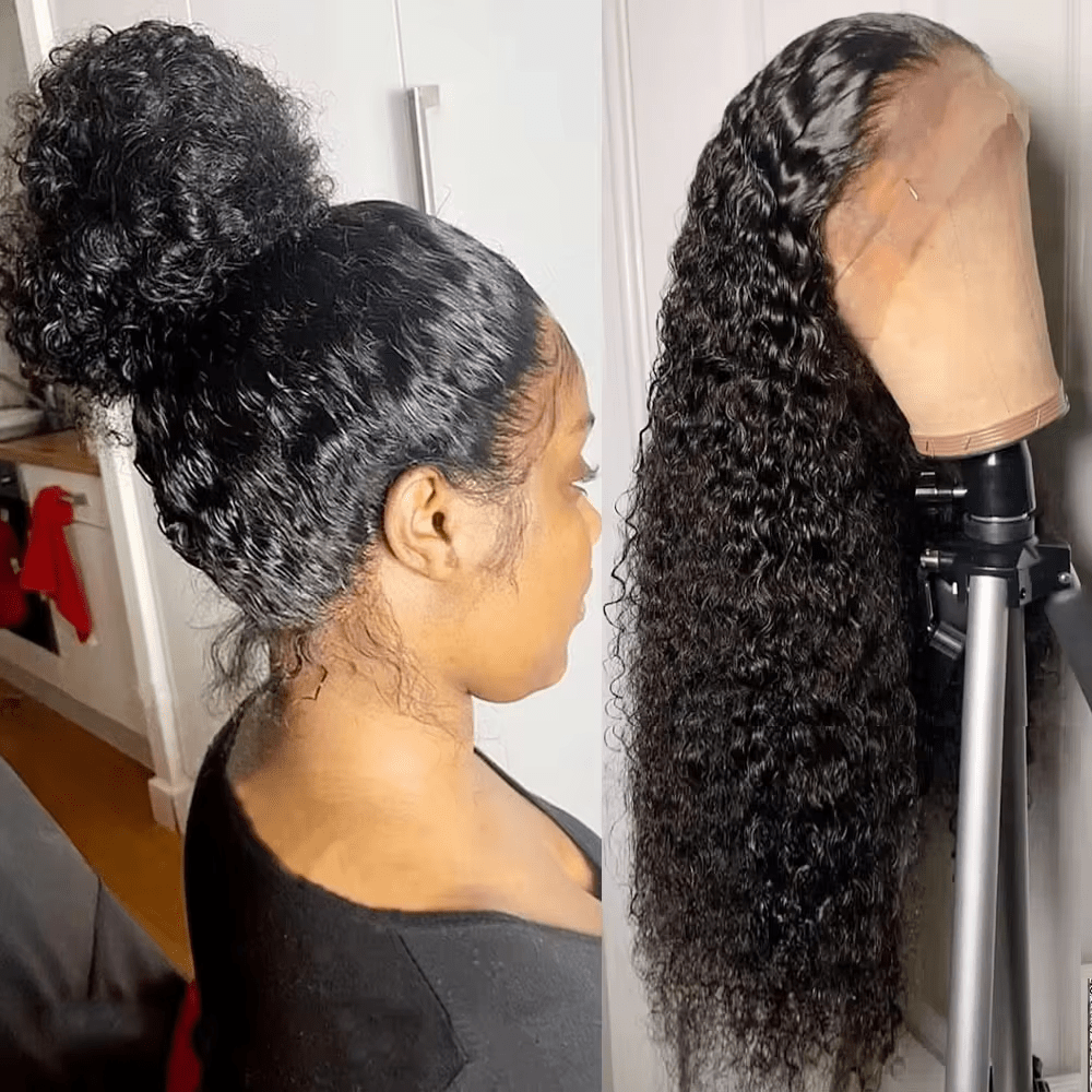Perruque frontale en dentelle 360 ​​°, cheveux humains, densité 180, vague profonde, sans colle, avec cheveux de bébé pré-épilés, couleur naturelle, queue de cheval, chignon
