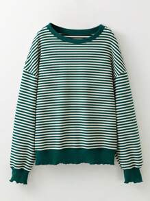 CILKOO Oversized Striped Loose Drop Shoulder Long Sleeve Lightweight Pullover Sweatshirt, Spring - Green - View 1