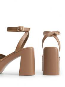 Women Fashion Chunky Platform High Heeled Sandals Open Toe Buckle Decor Ankle Strap Heeled Sandals For Daily Wearing Party Prom - 棕色 - 查看 4