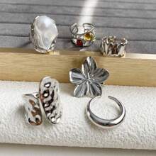 6pcs/Set Baroque Inspired Faux Pearl Flower Ring Set, Vintage Retro Bold Adjustable Cocktail Rings For Women