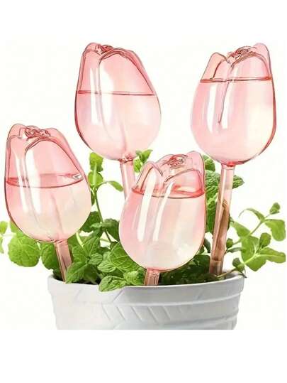 2/4 Pcs Pink Tulip Watering Globes, Narrow Mouth Design Extends Watering Time, Suitable For Indoor And Outdoor Plants, Self-Watering Planter