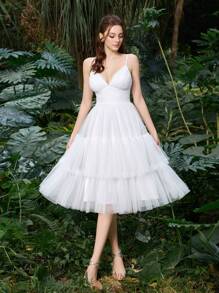 Elasola Polyester Tulle Spaghetti Strap Ruched Bust&Ruffle Trim Layered Tulle Dress Formal Wear For Weddings, Lightweight & Airy Design With Fashion Credentials Summer Dresses Spring Clothes