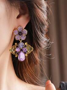 1 对复古水钻花朵耳环，奢华复古风格女士饰品 - 銅色 - 查看 4