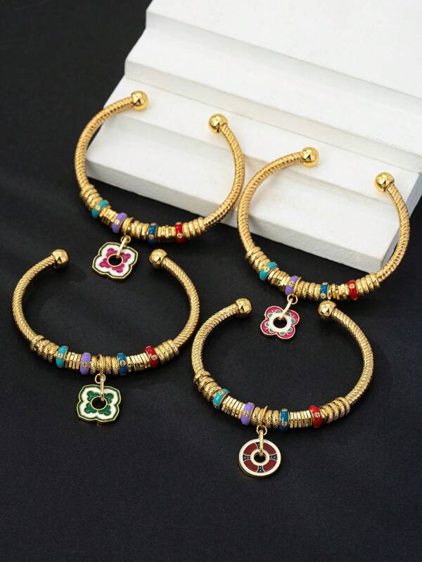 1 pieza Colgante de trébol de cuatro hojas chapado en oro de 18K, pulsera de estilo chino vintage esmaltada abierta, adecuado para fiestas, uso diario, regalo para amigos
