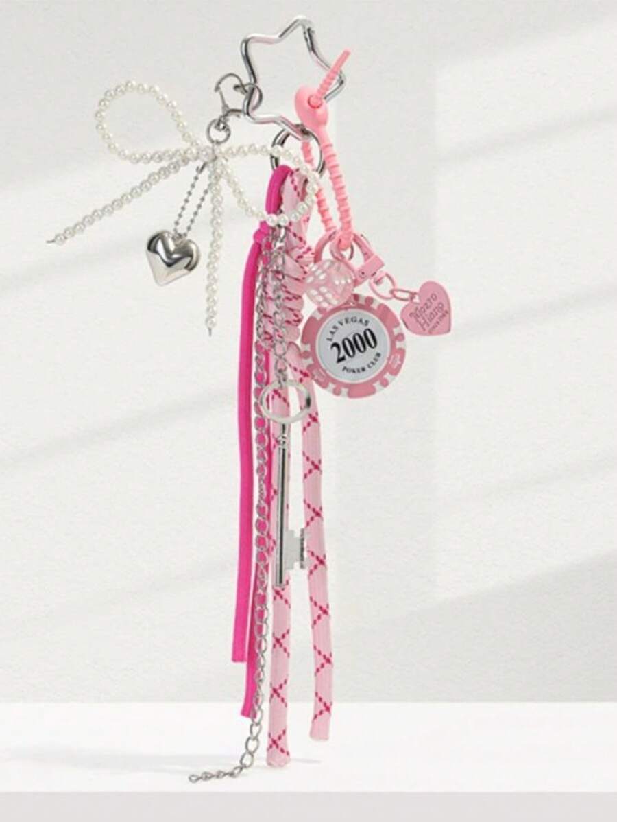 Pink Chip Pendant Charm Handmade DIY Hanging Rope Bag Accessory Exquisite Key Chain Decor Extremely Stylish Bows Y2K - Pink - View 1