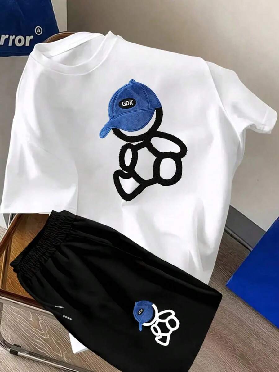Teenagers' Versatile Los Angeles English Coconut Tree Lettering Printed Fashionable Round Neck Short-Sleeved Shorts Set Is Perfect For Outdoor Travel
