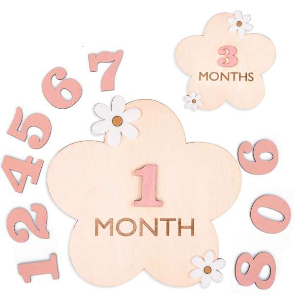 Newborn's 1st Year Growth Photo Prop Set - White Floral Design With 0-9 Wooden Numbers, Nursery Decor Name Plate, Hospital Photo Accessory, Baby Shower Gift