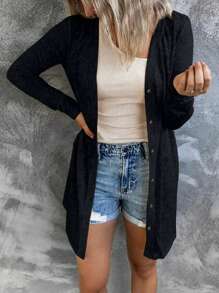 Women's Casual Jacket Open Front Lightweight Long Sleeve Button Down Loose Solid Outwear Spring/Summer - Black - View 7