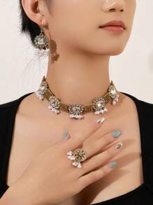 4pcs/Set European & American Vintage Palace Style Women Jewelry Set: 1pc Sapphire Crystal Glass Faux Pearl Tassel Pendant Necklace, 1 Pair Earrings, 1pc Rhinestone Ring