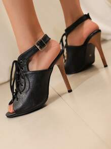 Black Open Toe Lace-Up High Heel Platform Women's Sandals With Ankle Wrap Straps
