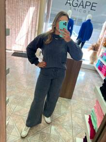 WOMEN'S WINTER MOUSSE KNITTING SET WITH PANTS AND BRAIDED BLOUSE - Dark Grey - View 5